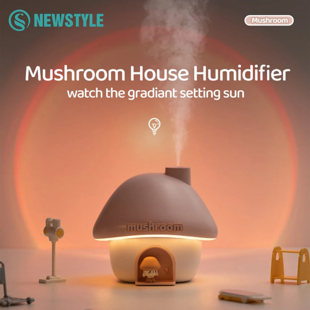 Cartoon Air Humidifier 300Ml Mini Essential Oil Aroma Diffusers Colorful Lighting Cute Mushroom House Home Ultrasonic Humidifier